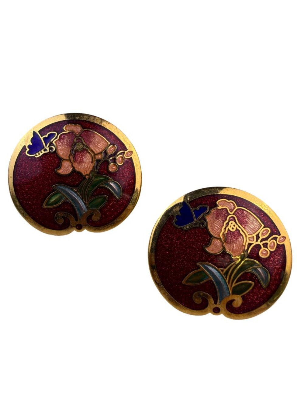 Vintage Unknown Womens Gold Tone Cloisonné Floral Butterfly Enamel Earrings